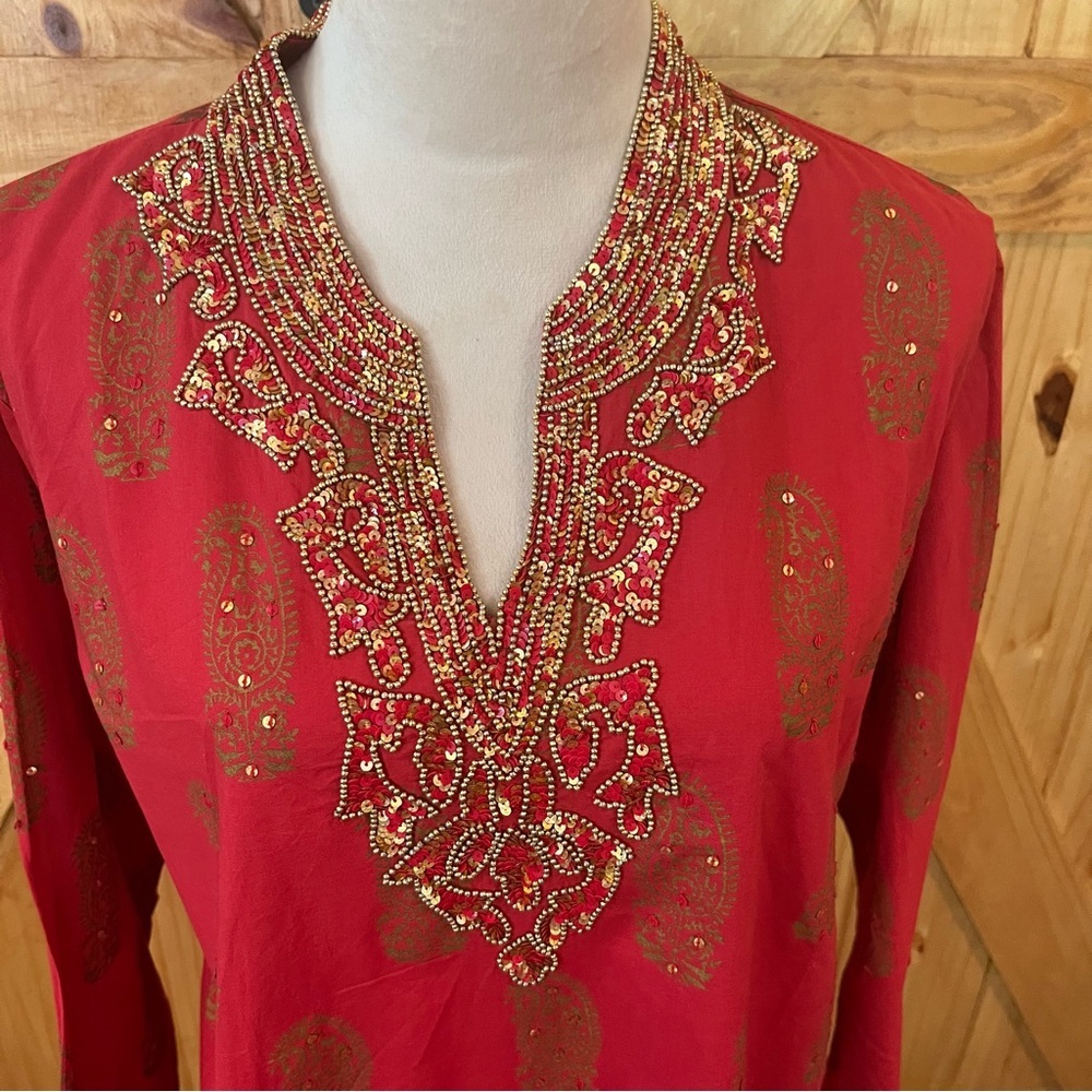 Denim 24/7 Red and Gold Ladies Embellished Long Sleeve Tunic - Picture 2 of 11
